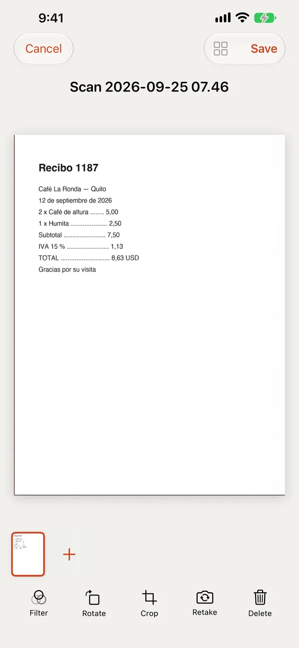 Reviewing a new scan of a café receipt in Hola PDF, with Filter, Rotate, Crop, Retake and Delete below it