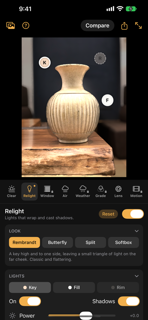 Relight on a ceramic vase, with the key, fill and rim lights marked K, F and R and the Rembrandt look chosen