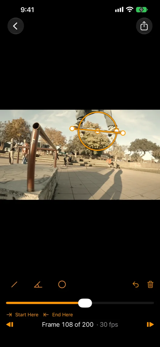 The board over the rail at frame 108, with a circle around it and a level line along it